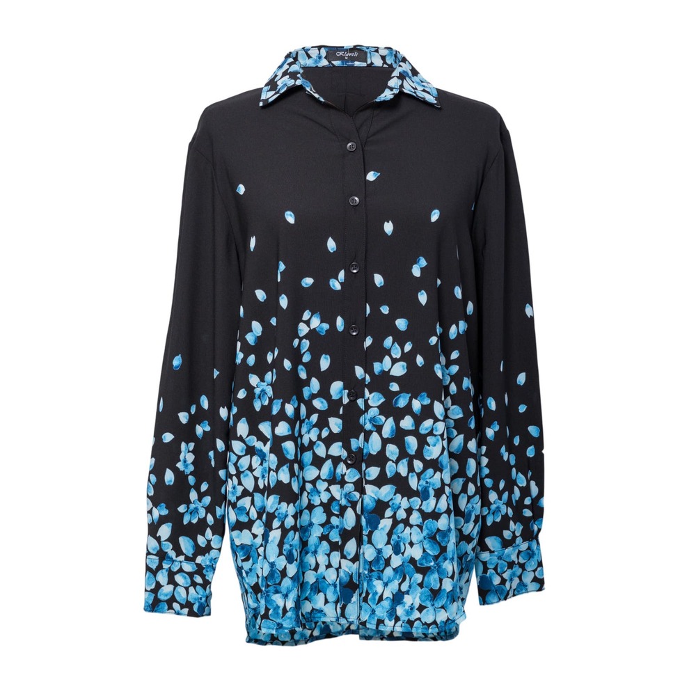 Women's Button Down Blouse Floral Black Blue Petal Size L NWT Klavelli